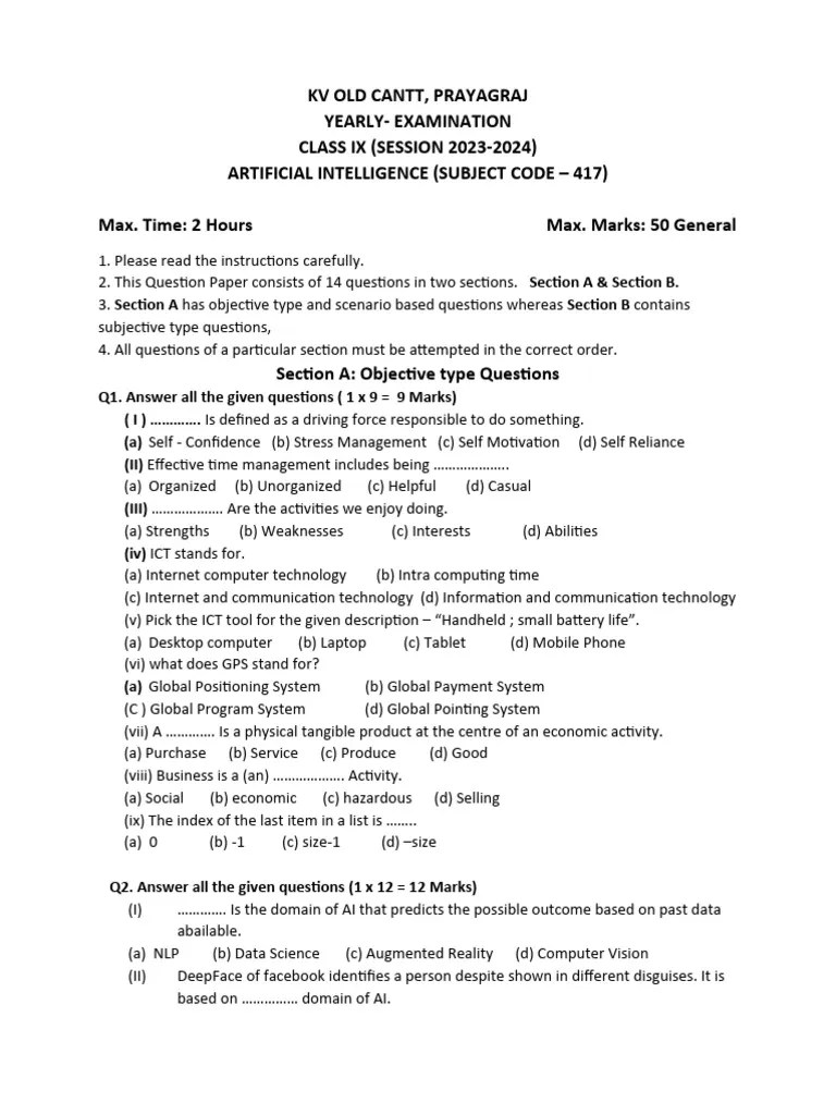 Class IX AI PT 3 Question Paper (1) | Download Free PDF | Artificial Intelligence | Intelligence ...