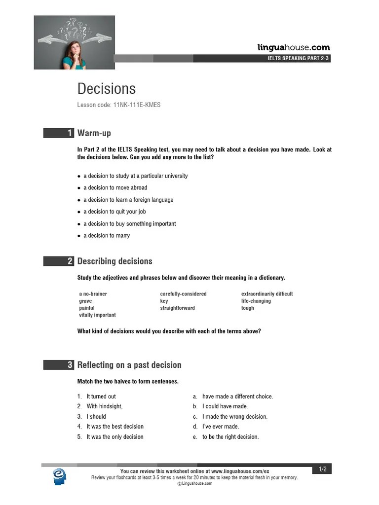Decisions Ielts Speaking Part 2 3 British English Student BW | PDF | Flashcard | Cognitive ...