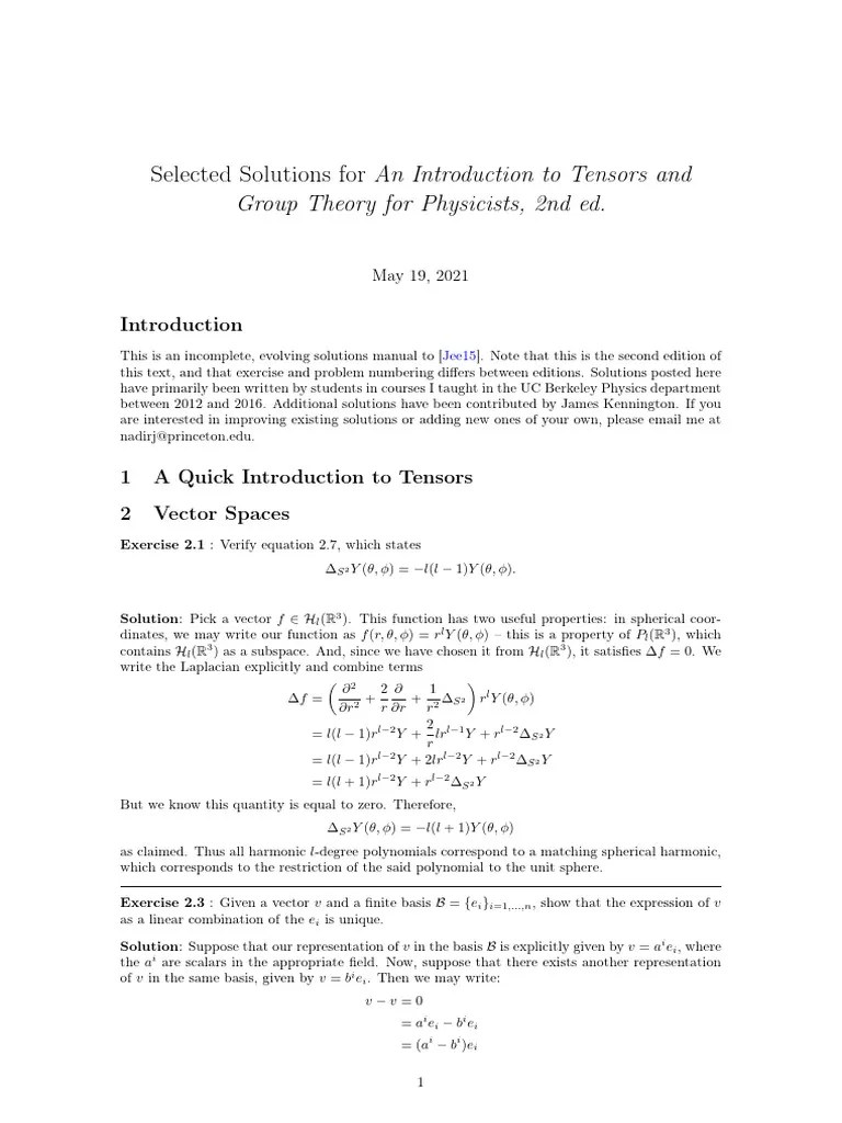 Solutions Manual For An Introduction To Tensors And Group Theory For ...