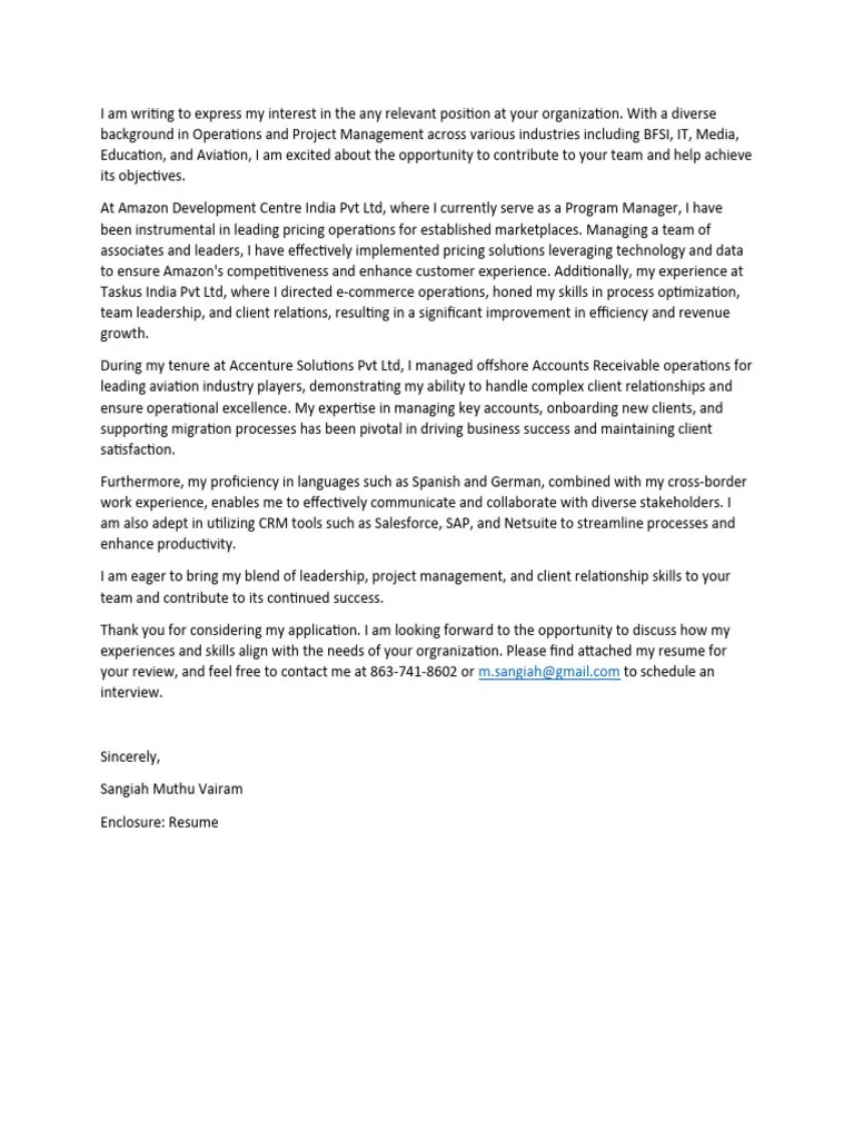 Sangiah - Cover Letter | PDF | Business