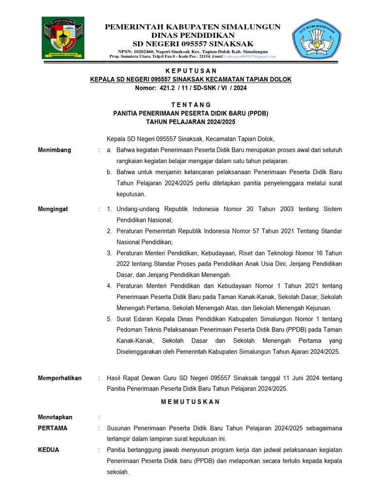 SK Panitia PPDB SD 2024-2025 (Panduanmengajar - Com) | PDF