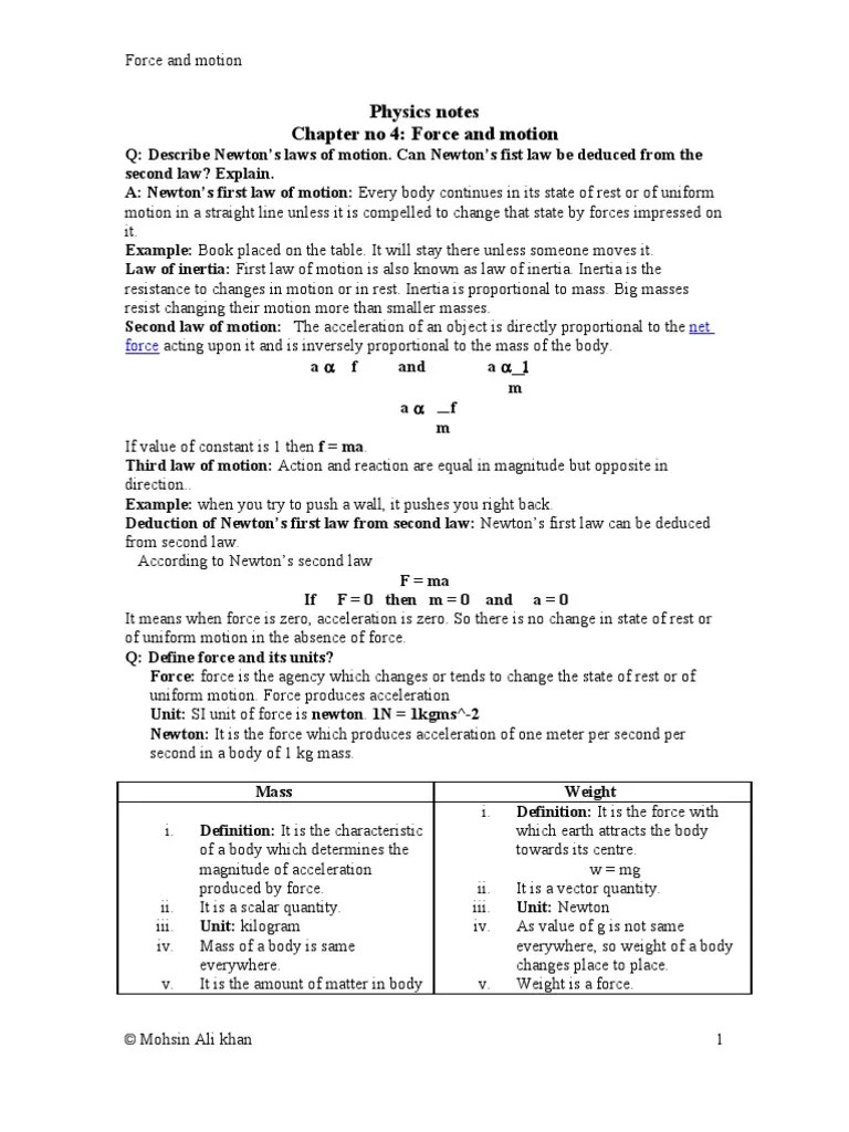 Physics Notes Chapter No 4: Force And Motion | PDF | Newton's Laws Of ...