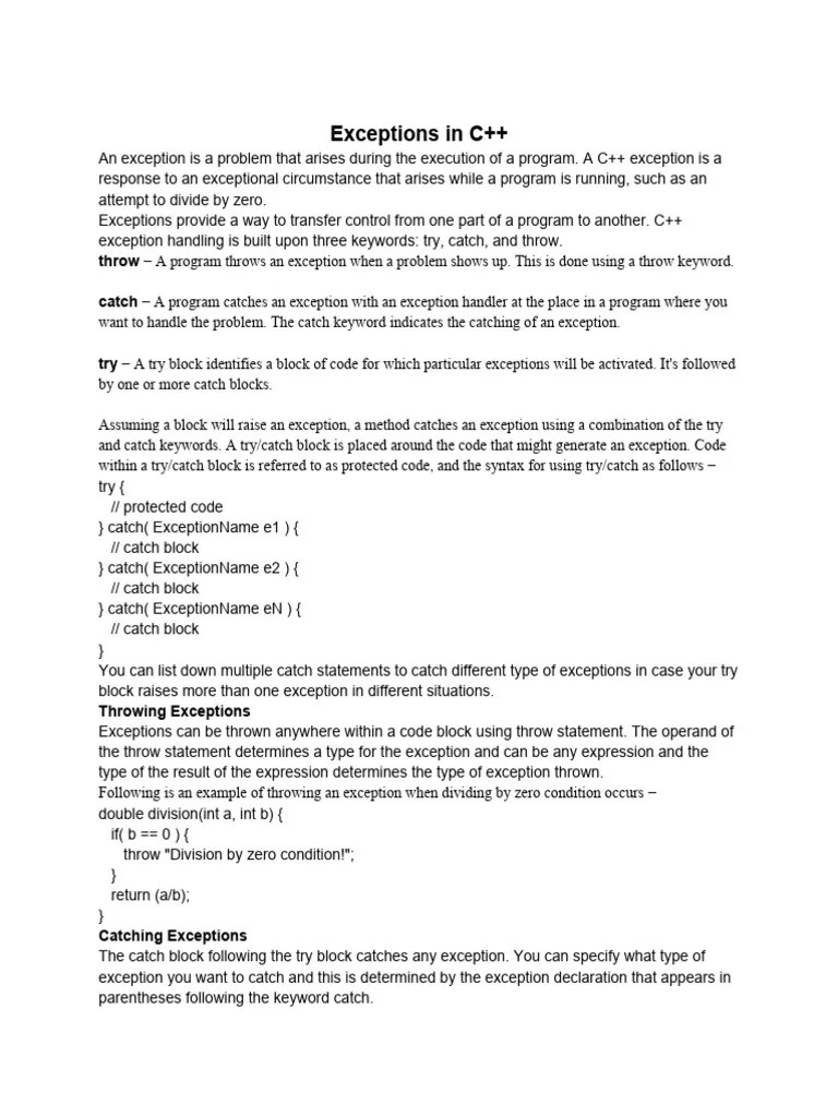 Exceptions In C++ | PDF | C++ | Computer Programming