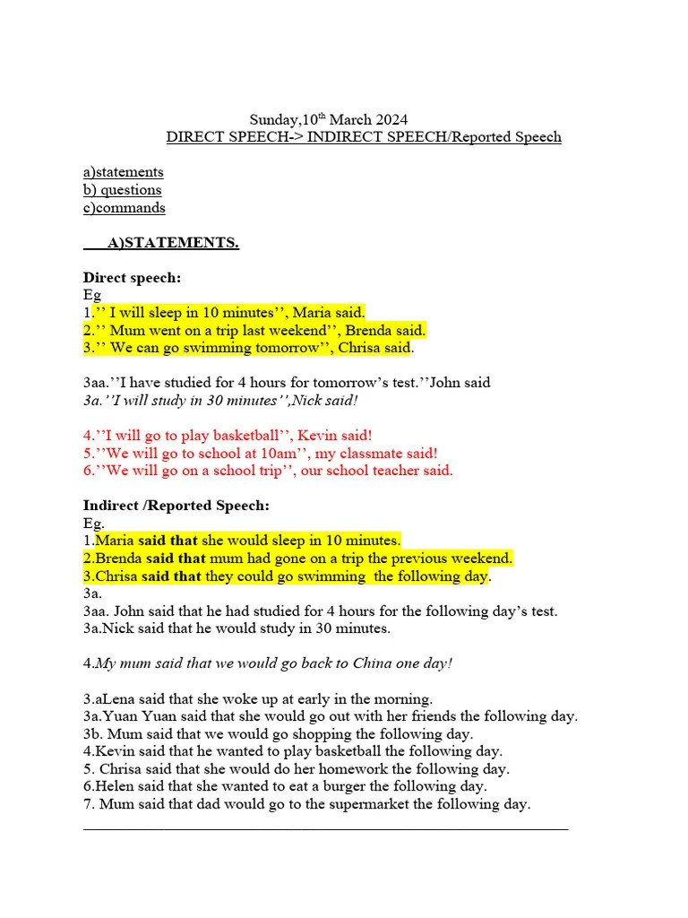 Indirect Speech: Reported Speech | PDF | Question | Syntax
