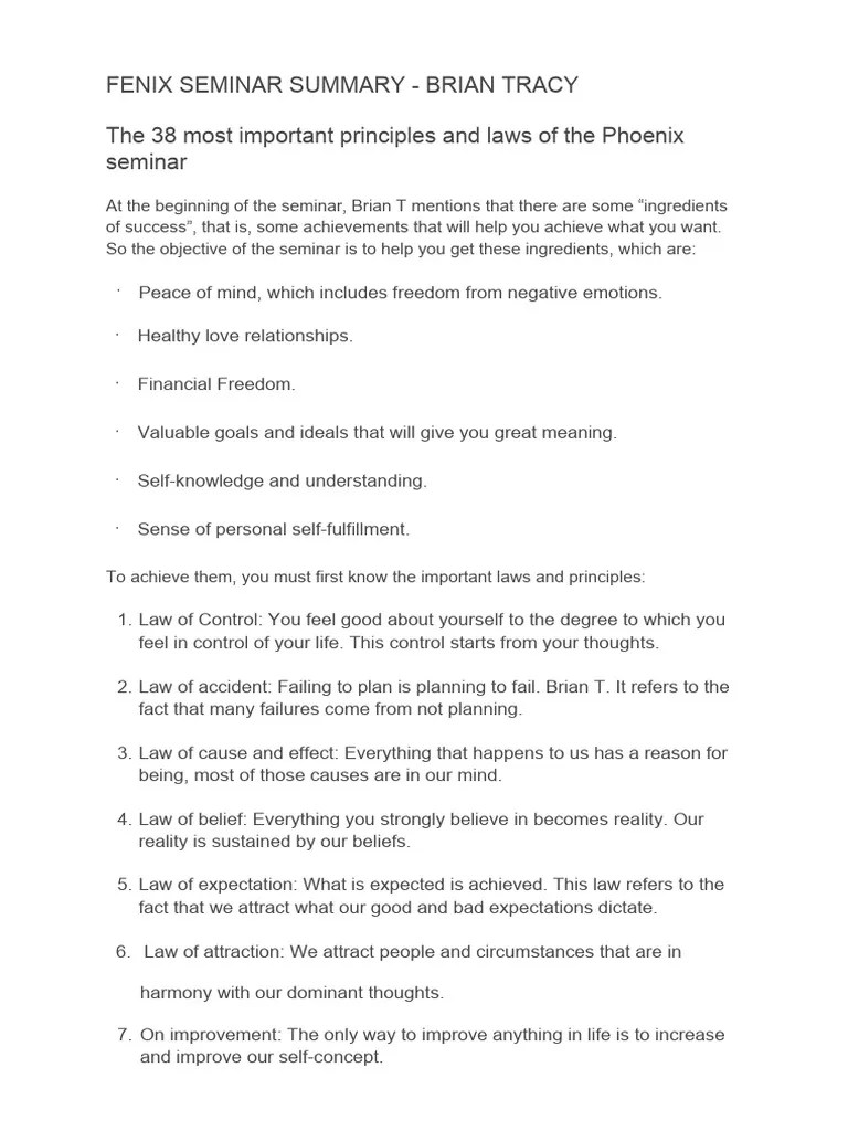 Fenix Seminar Summary Brian Tracy | PDF | Thought | Mind