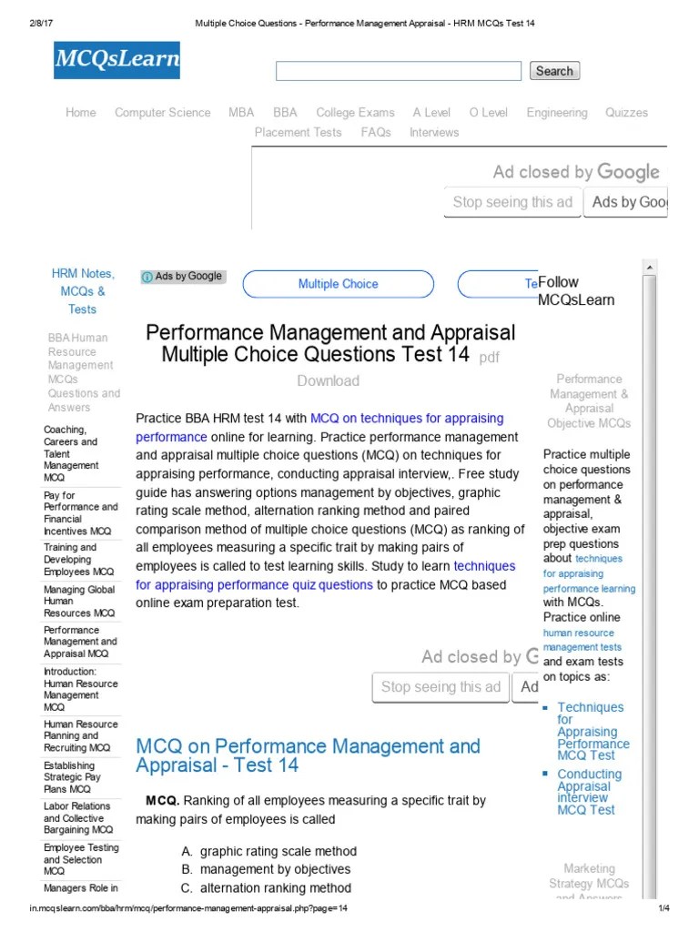 Multiple Choice Questions - Performance Management Appraisal - HRM MCQs ...