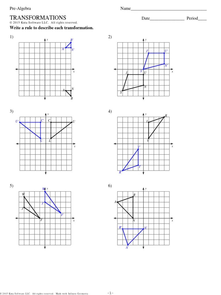 Pre-Algebra Worksheet - TRANSFORMATIONS - Describe Translate Reflect ...