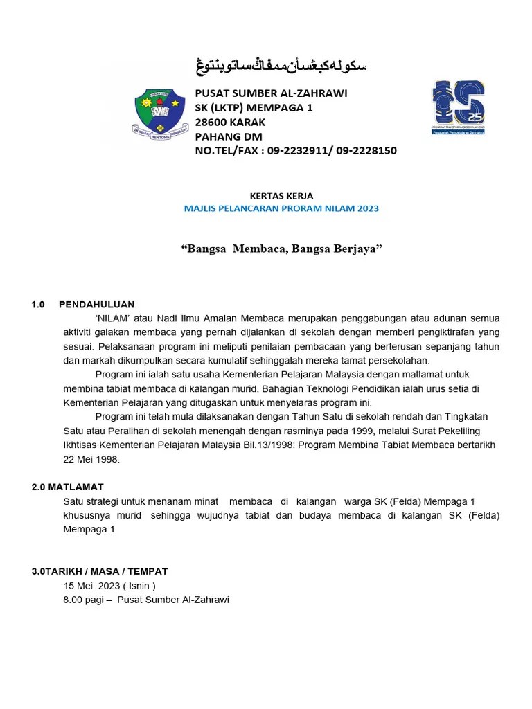 Kertas Kerja Pelancaran Nilam 2023- Ubah,betul | PDF