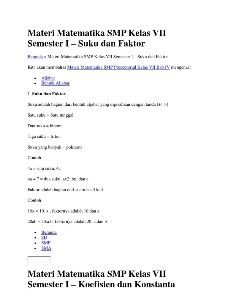 Modul matematika smp/mts kelas 8 semester ganjil tahun pelajaran 2014/2015. Materi Matematika Kelas 7 K13 Rasanya