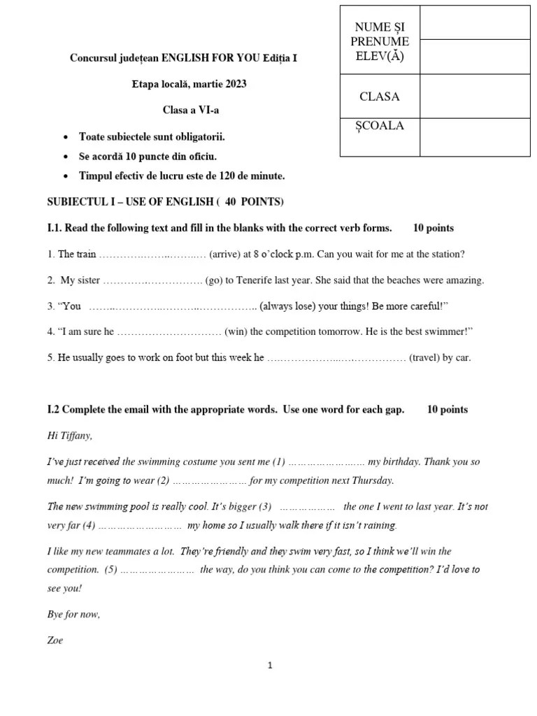 English-for-You-Subiect Clasa A VI-a | PDF