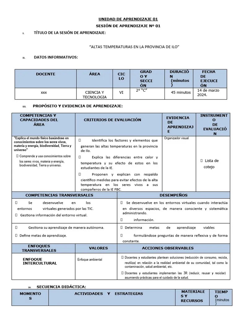 Sesión De Aprendizaje 2024 | PDF | Aprendizaje | Enseñando