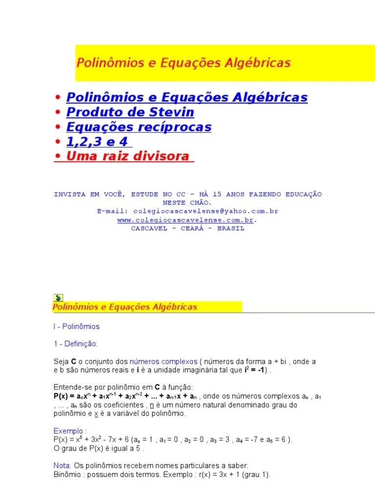 Polinomios E Equacoes Algebricas | PDF | Número Complexo | Equações