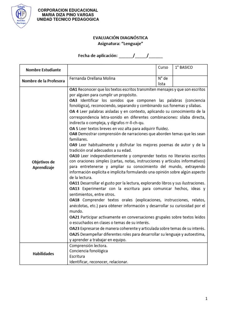EVALUACION DIAGNÓSTICA Lenguaje 1° Básico | PDF | Comunicación Humana | Lingüística