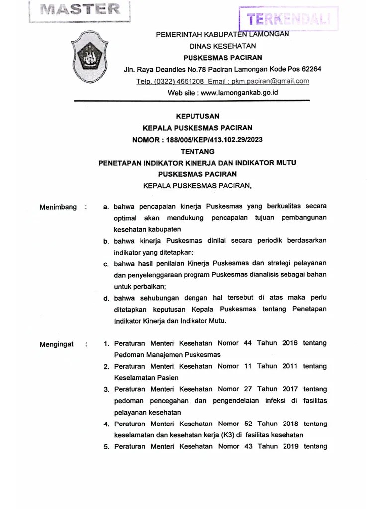 SK PENETAPAN INDIKATOR KINERJA DAN INDIKATOR MUTU PUSKESMAS PACIRAN | PDF