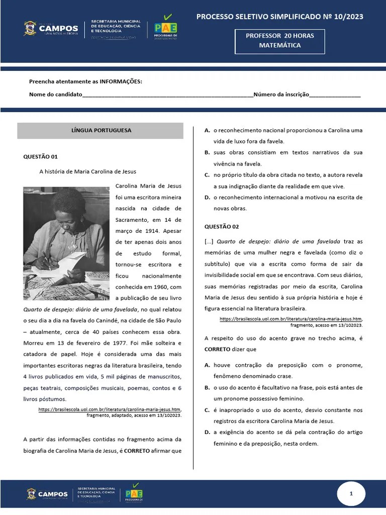 Prova 03 20h Matemática - PSS N10 - 2023 | PDF | Pedagogia | Aprendizado