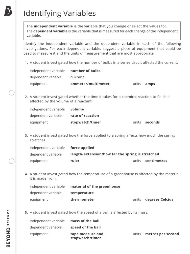 Identifying Variables Worksheet V2 - Answers | PDF | Science & Mathematics