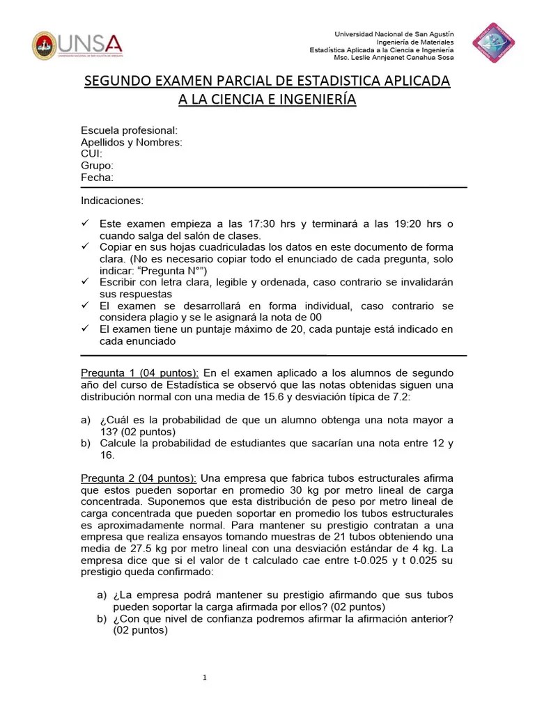 Segundo Examen Parcial Estadistica Aplicada A La Ciencia E Ingenieria | PDF | Desviación ...