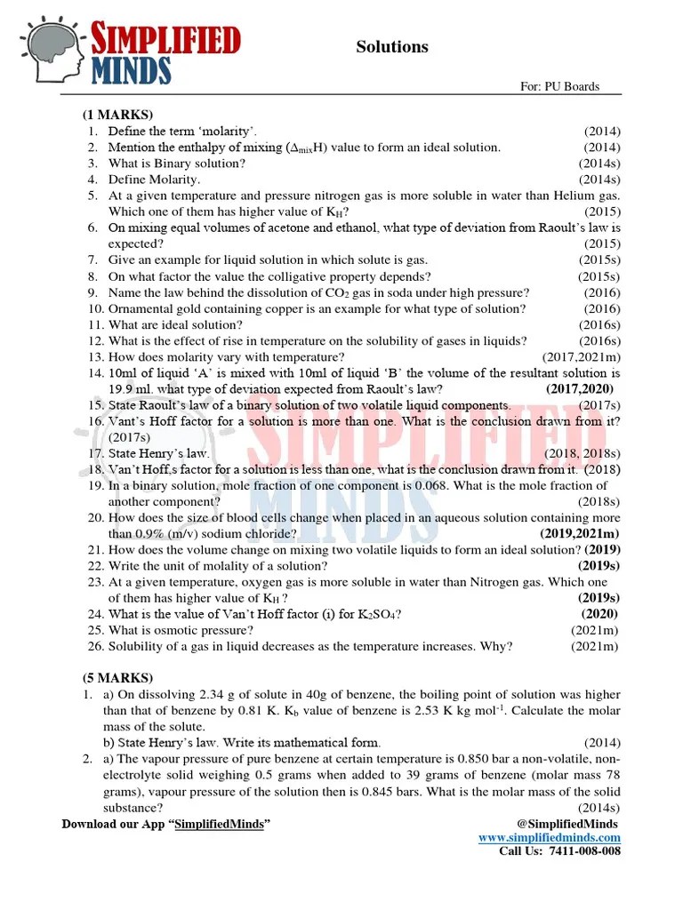 Solutions 2ndPUC PYQs | PDF | Solubility | Gases