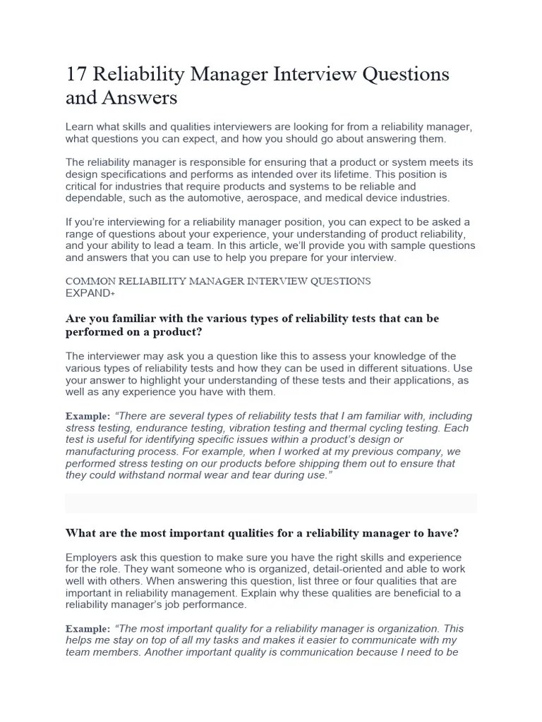 17 Reliability Manager Interview Questions And Answers | PDF | Reliability Engineering | Experience