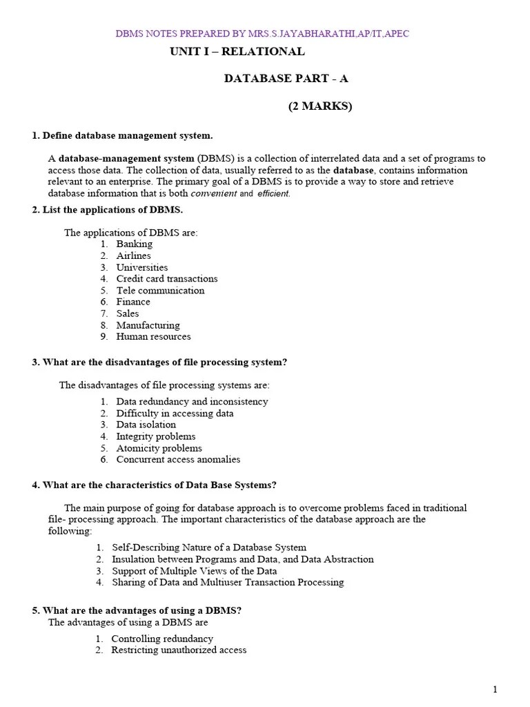 2 MARKS WITH ANSWERS AND PART-B QUESTIONS ONLY | PDF | Databases ...