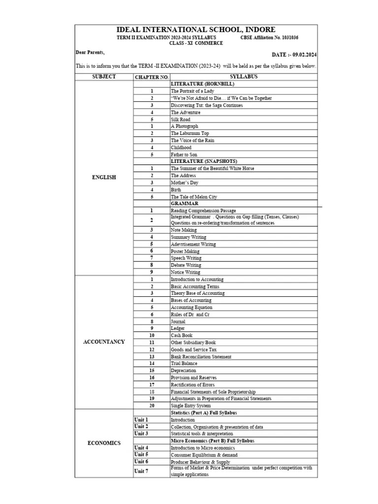 Class Xi Commerce Time Table & Syllabus Term II 2023-24 | PDF ...