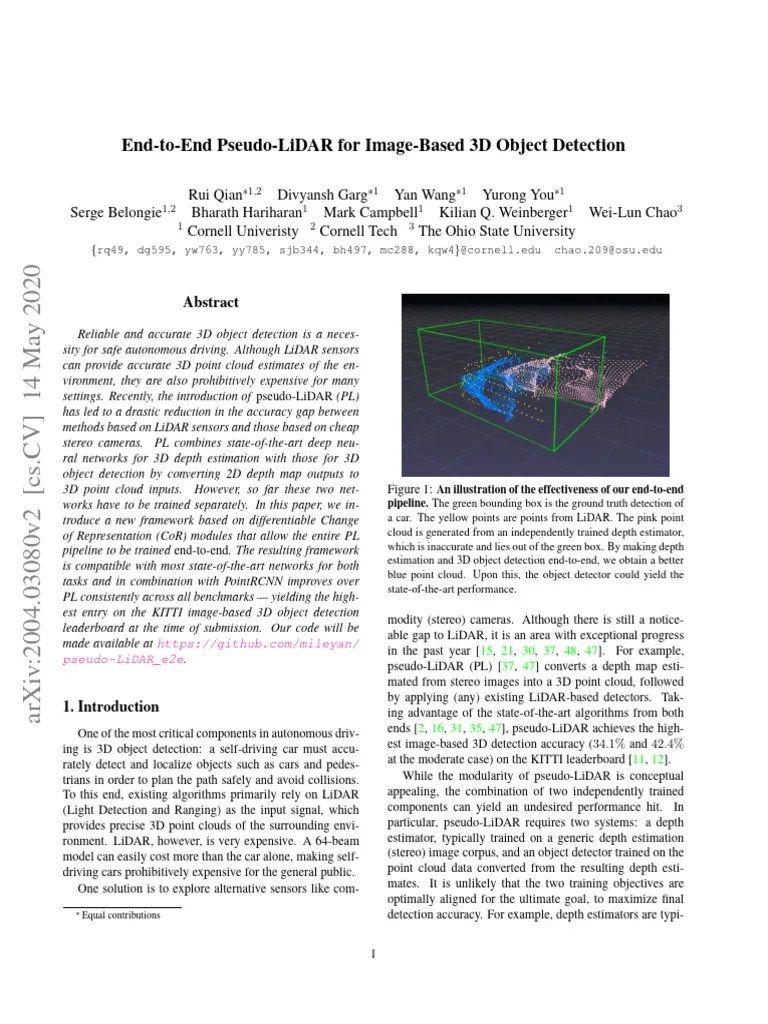End-to-End Pseudo-LiDAR For Image-Based 3D Object Detection | PDF | Lidar