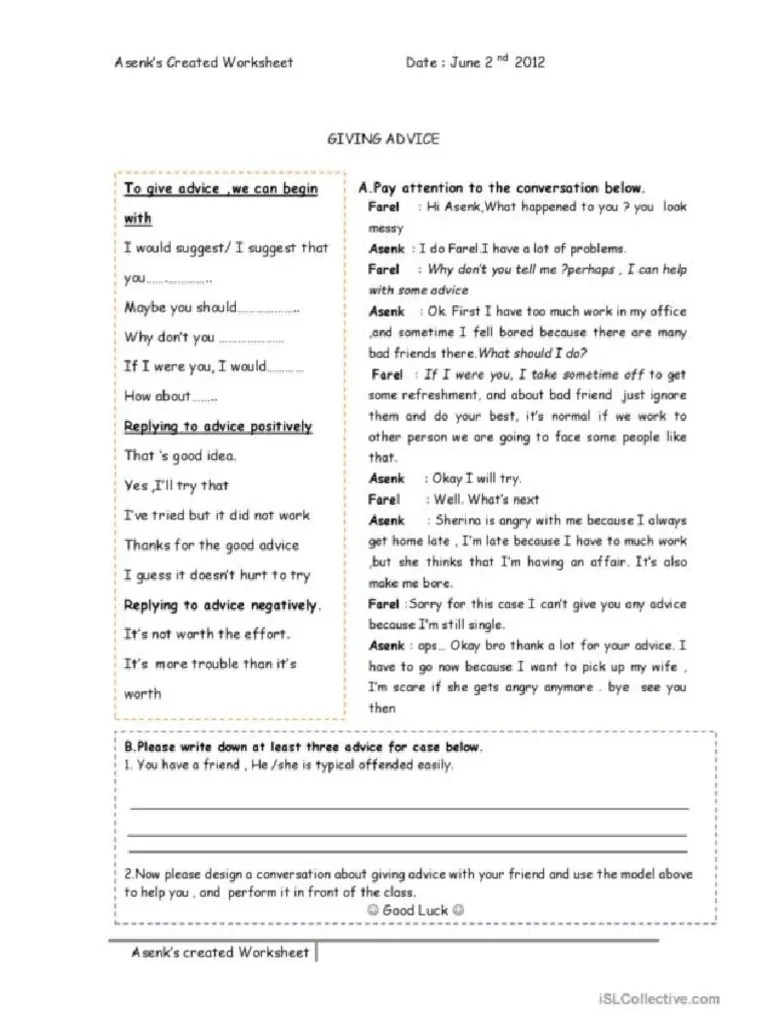 Giving Advice Activities Promoting Classroom Dynamics Group Form