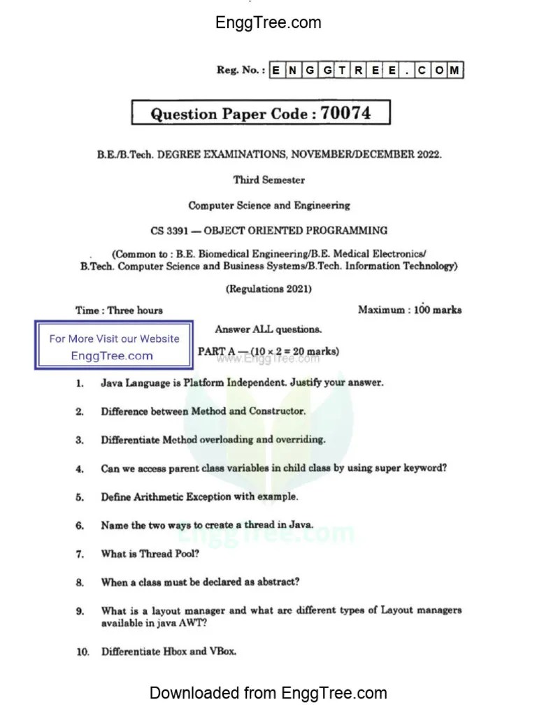 CS3391 Object Oriented Programming Nov Dec 2022 Question Paper Download ...