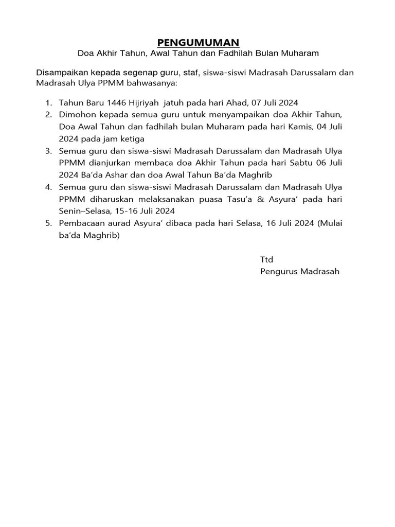 Pengumuman Doa Akhir Tahun Dan Awal Tahun | PDF