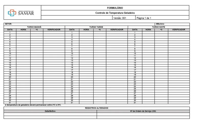 Formulário Controle Temperatura Geladeira | PDF