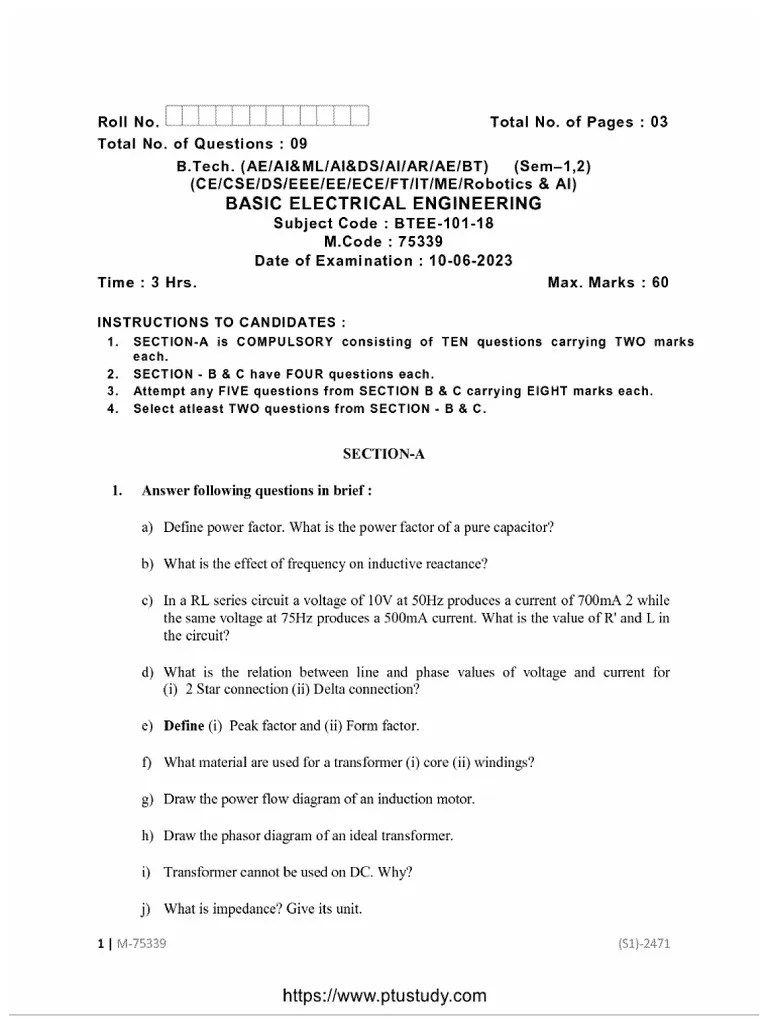 Btech 1 Sem 2 Sem Basic Electrical Engineering 75339 Jun 2023 | PDF