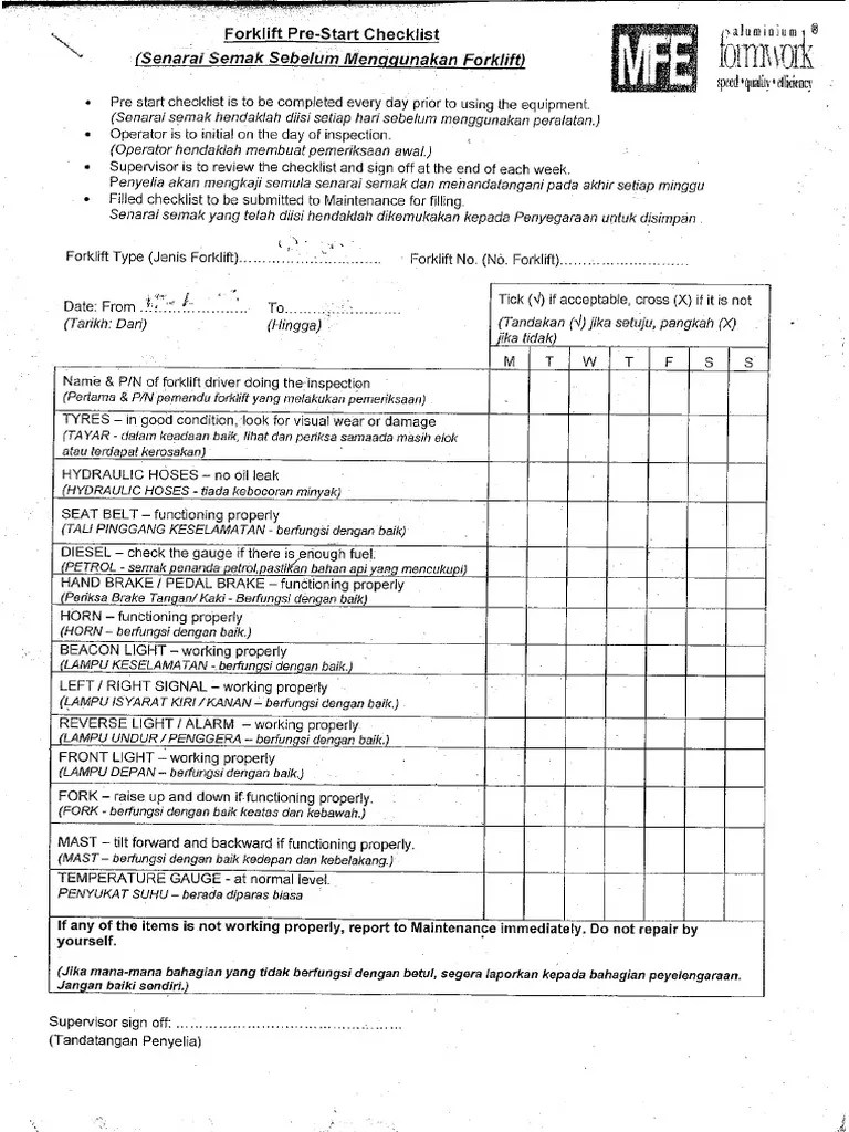 Forklift Pre-Start Checklist | PDF