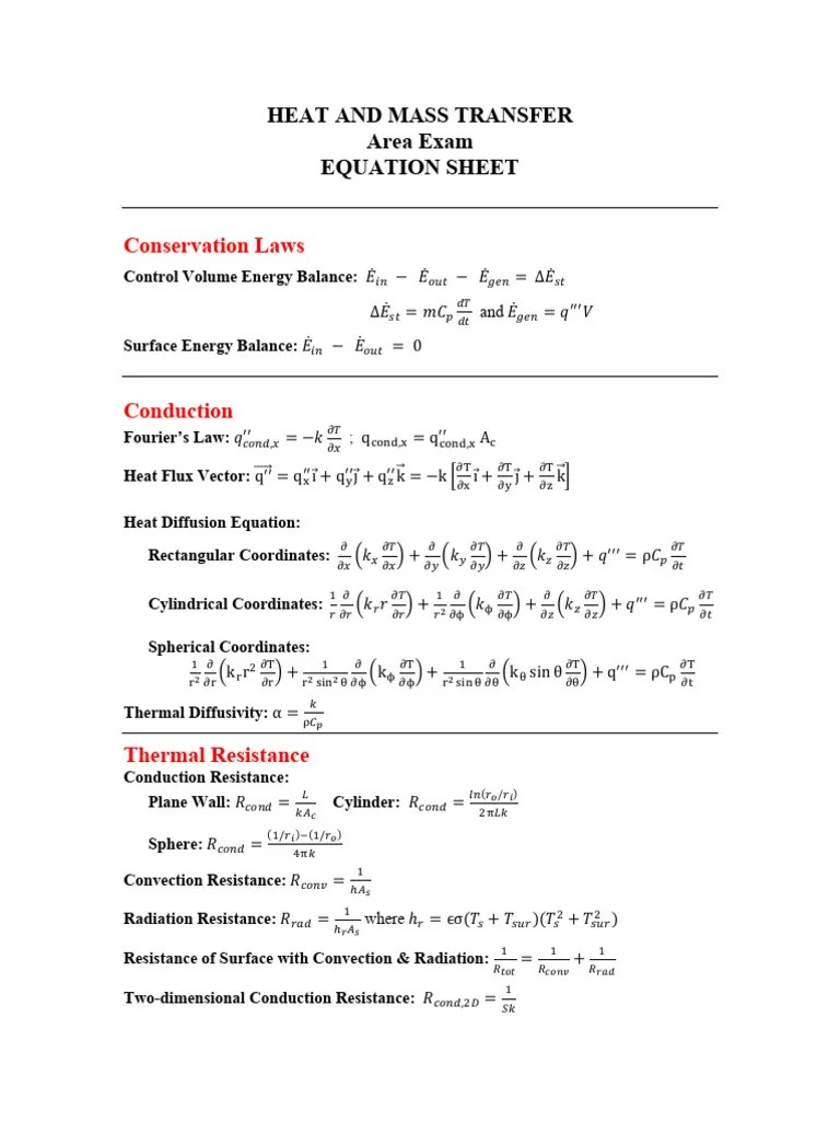 Heat Transfer Area Exam Equation Sheet | PDF | Thermal Conduction ...