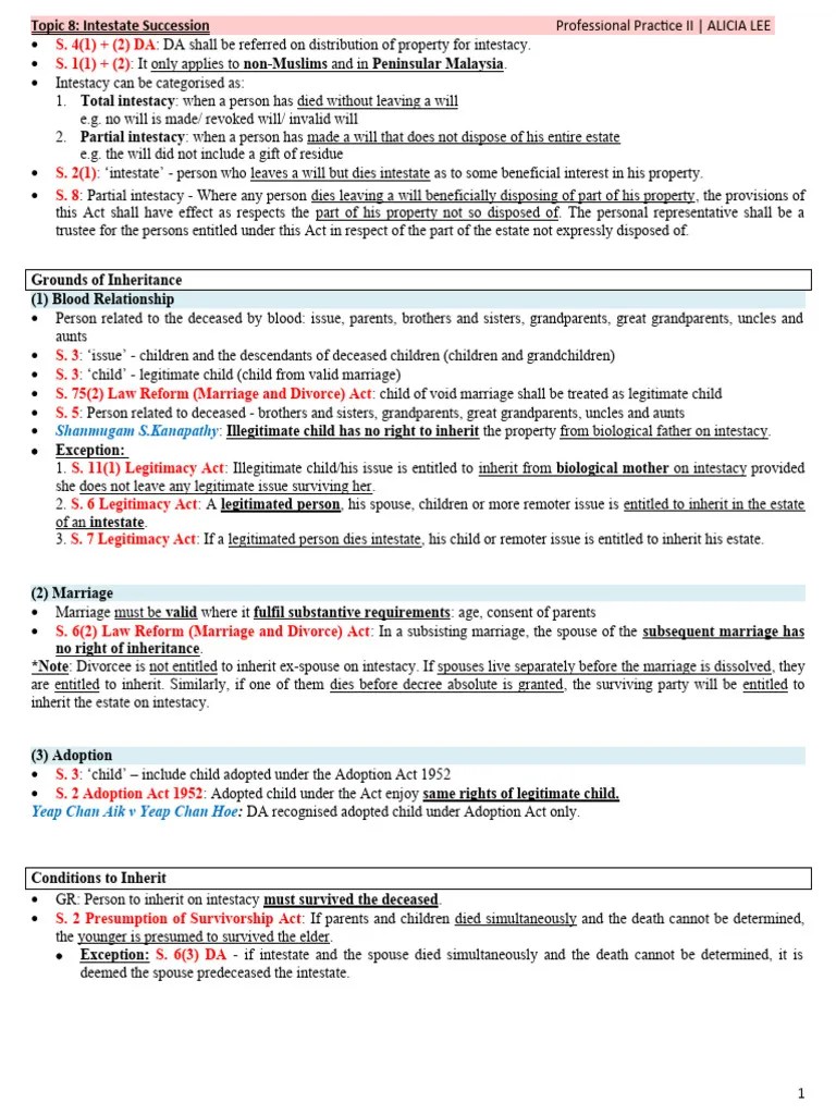 Topic 8 - Intestate Succession | PDF | Intestacy | Property Law