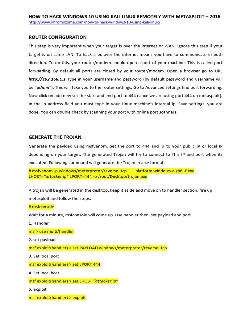 Metasploit-Kali Linux Remotely-Windows 10 | PDF | Ip Address | Router ...