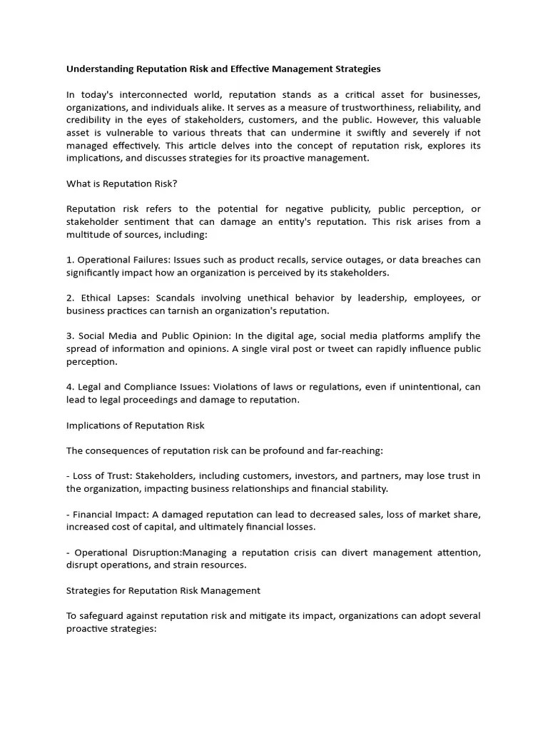 Reputation Risk Management Pdf Reputation Risk