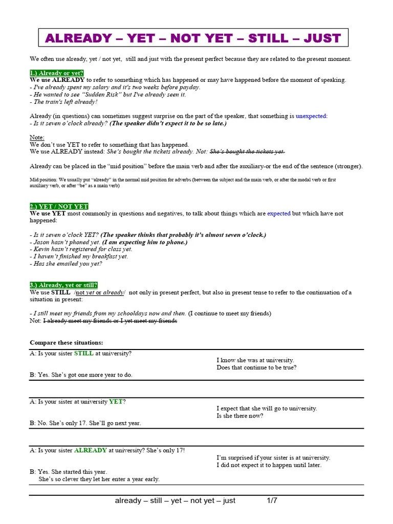 ALREADY-YET-STILL-JUST (Grammar And Exercises) | PDF | Verb | Question