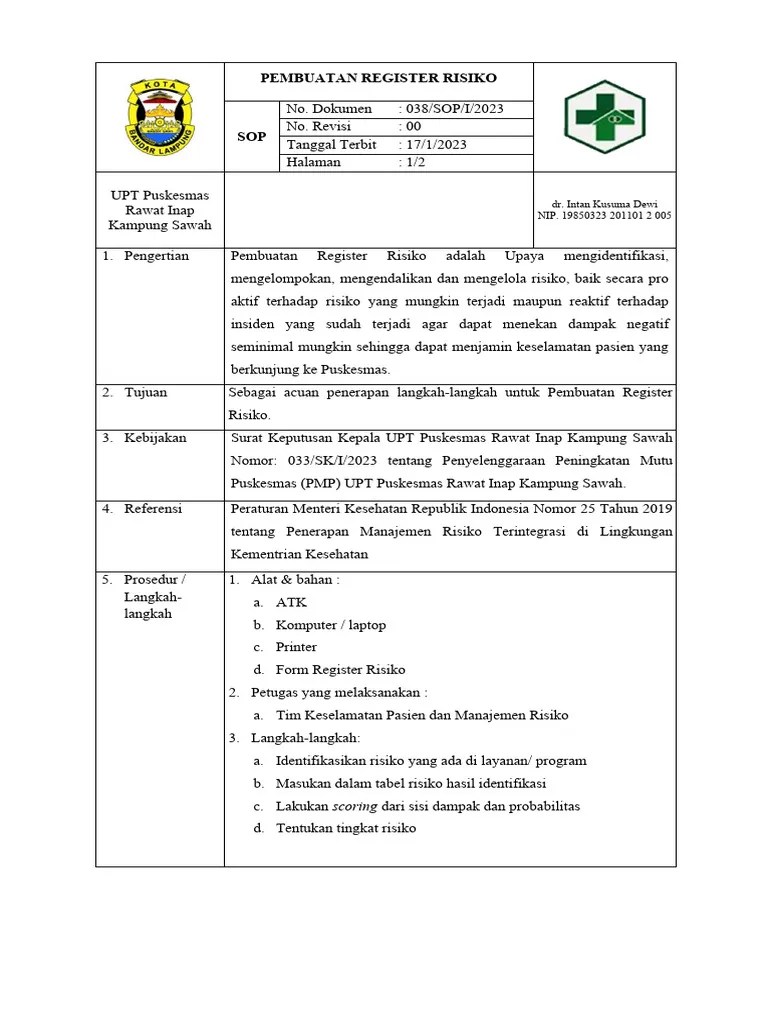 SOP PEMBUATAN REGISTER RISIKO FIX | PDF