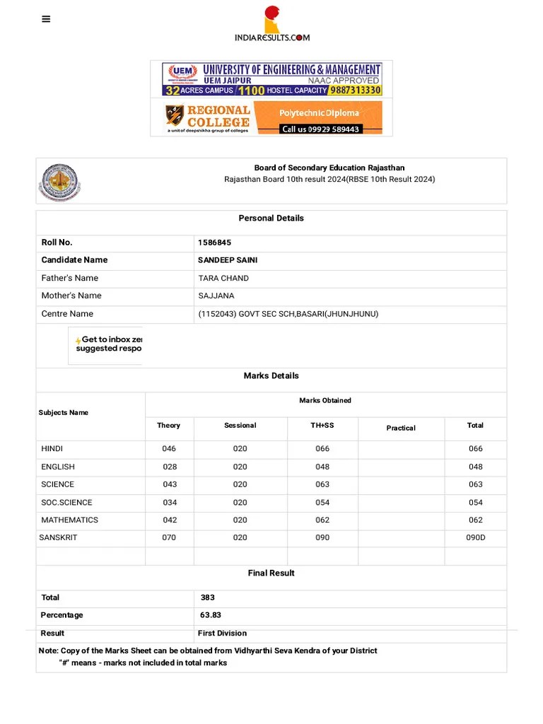 Rajasthan Board 10th Result 2024(RBSE 10th Result 2024)_ Board Of ...