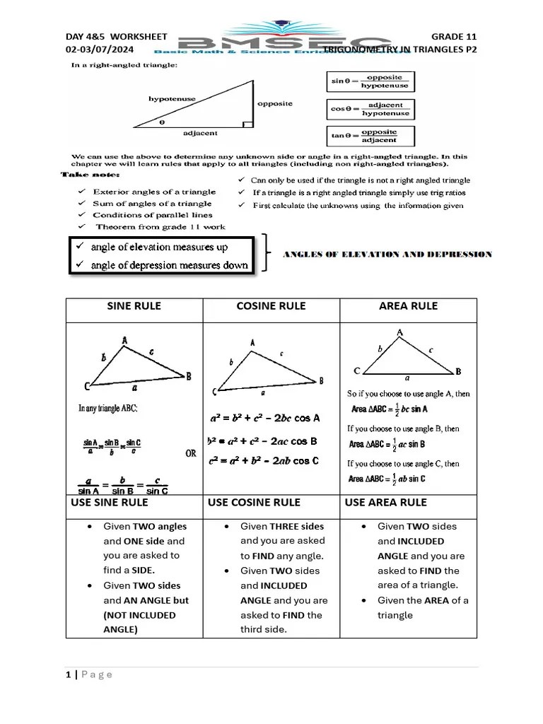 Sine, Cosine, Area Rule GR11 Bmsec Worksheet Day 4&5 - 103607 | PDF
