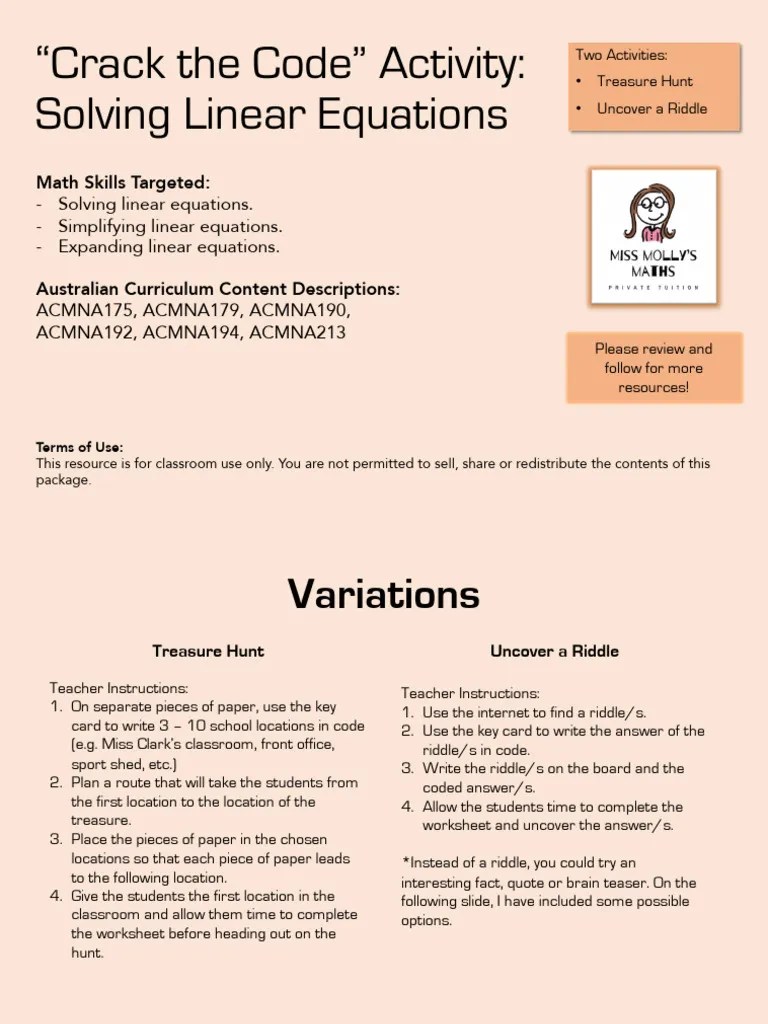 FREEBIE Solving Equations Code Cracker Activities | PDF