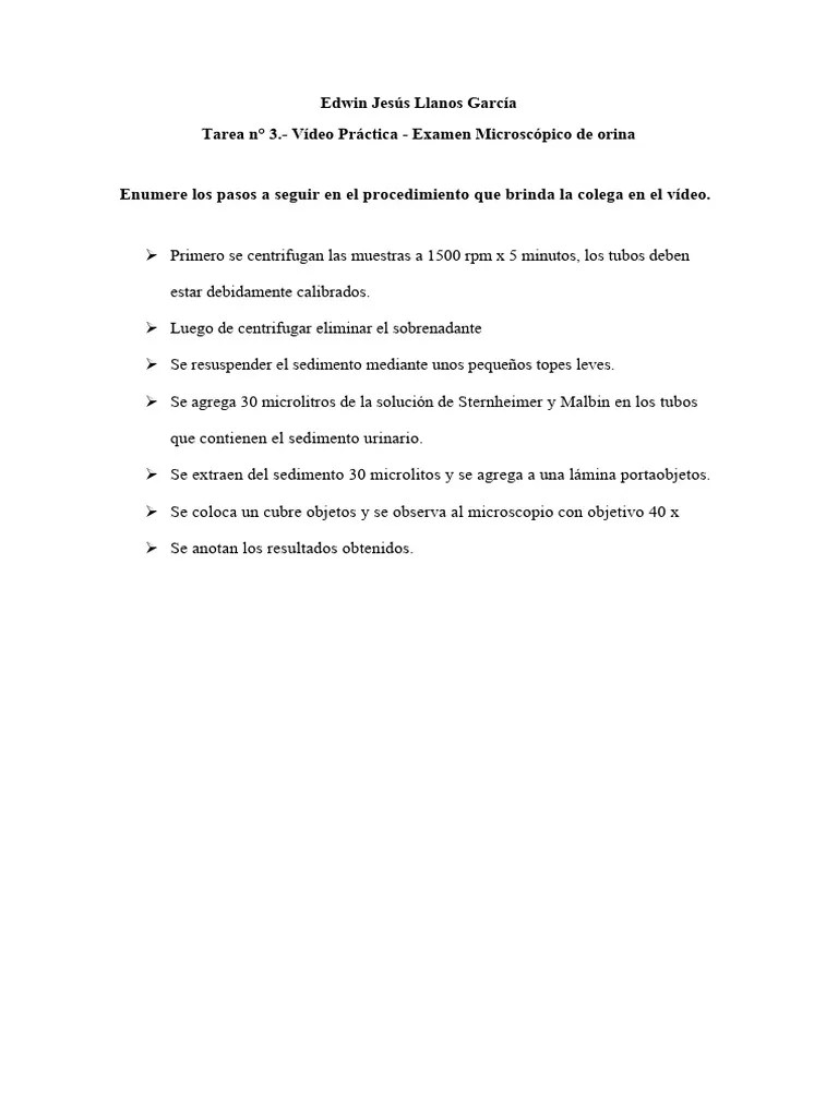 Tarea N° 3. - Vídeo Práctica - Examen Microscopico De Orina-Edwin Jesús Llanos Garcia | PDF