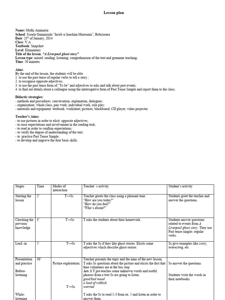 Lesson Plan 5th A | PDF | Grammatical Tense | Reading Comprehension