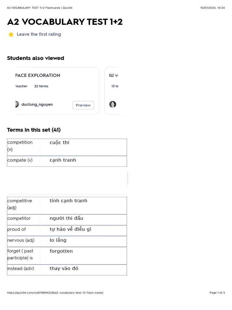 A2 Vocabulary Test 1+2 Flashcards - Quizlet | PDF