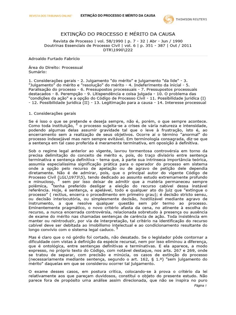 Extinção Do Processo E Mérito Da Causa - Adroaldo Furtado Fabrício | PDF | Sentença (jurídico ...