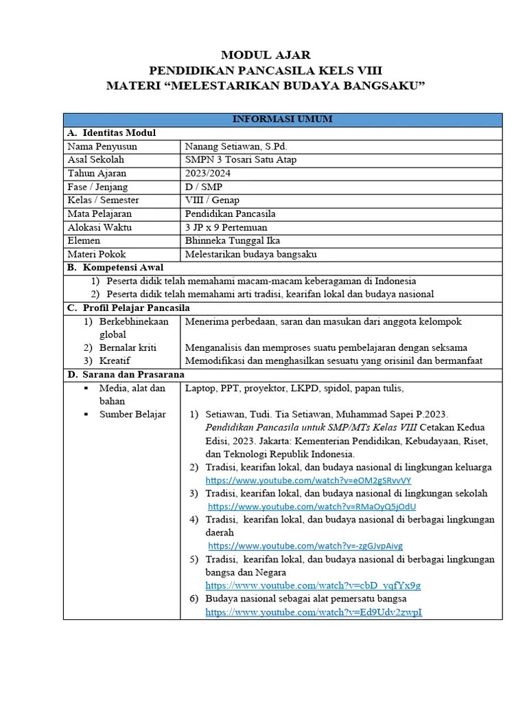 Modul Ajar Bab 4 (Melestarikan Budaya Bangsaku) | PDF