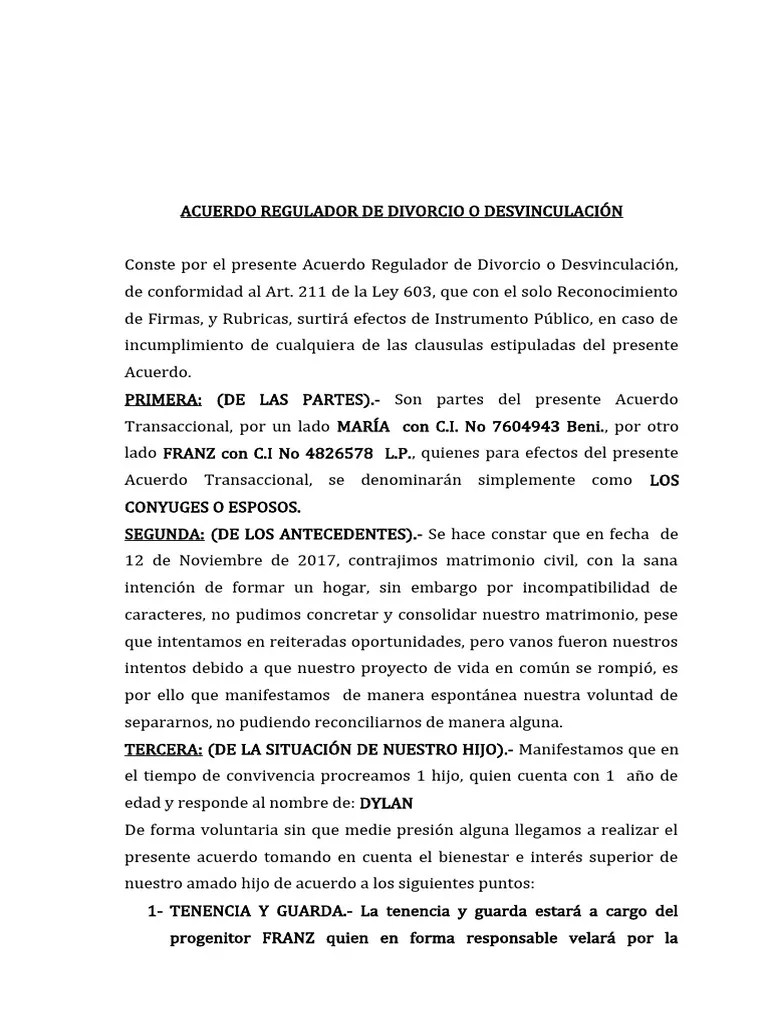 Acuerdo Regulador De Divorcio O Desvinculación | Descargar Gratis PDF ...
