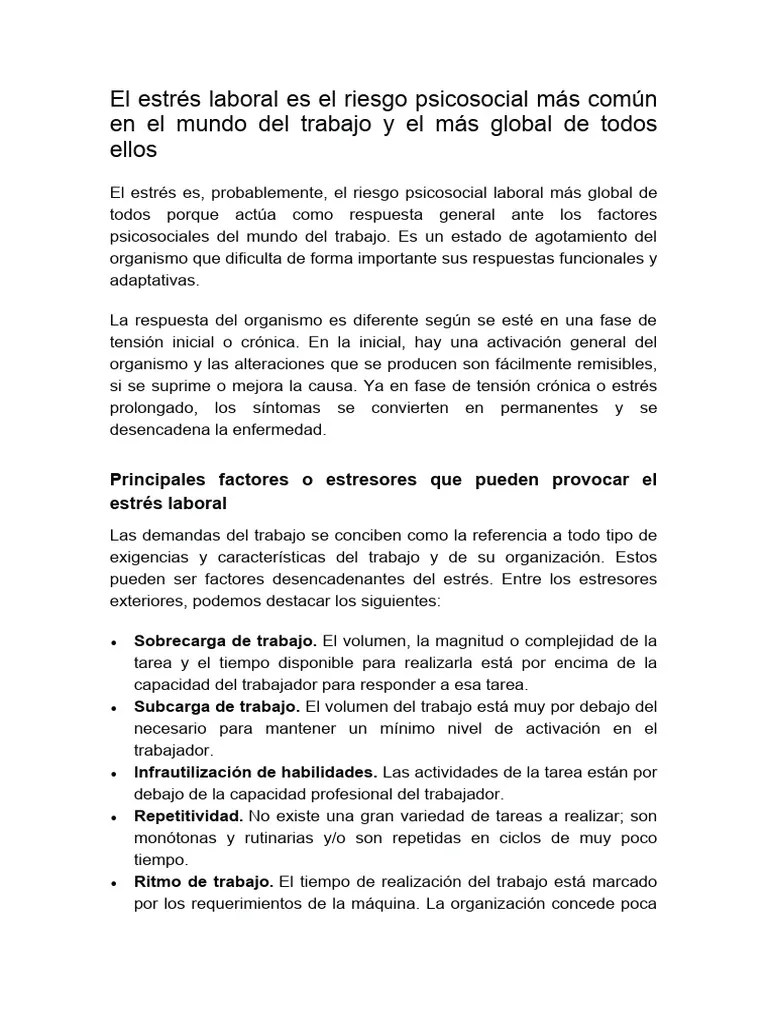 El Estrés Laboral Es El Riesgo Psicosocial Más Común En El Mundo Del Trabajo Y El Más Global De ...