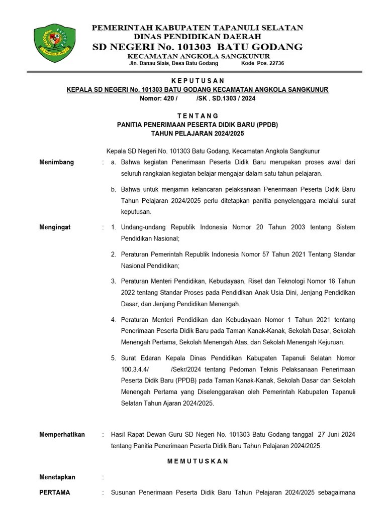 SK Panitia PPDB SD 2024-2025 [Panduanmengajar.com] | PDF