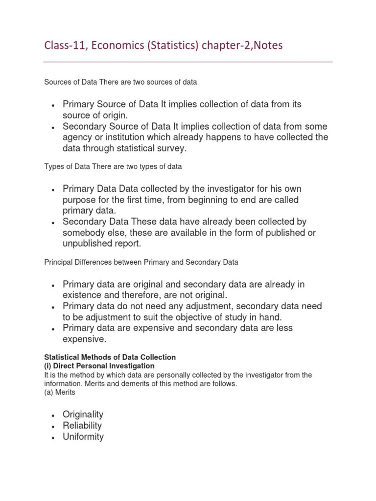 Class-11th, Economics (Statistics), Chapter-2 | PDF | Sampling ...